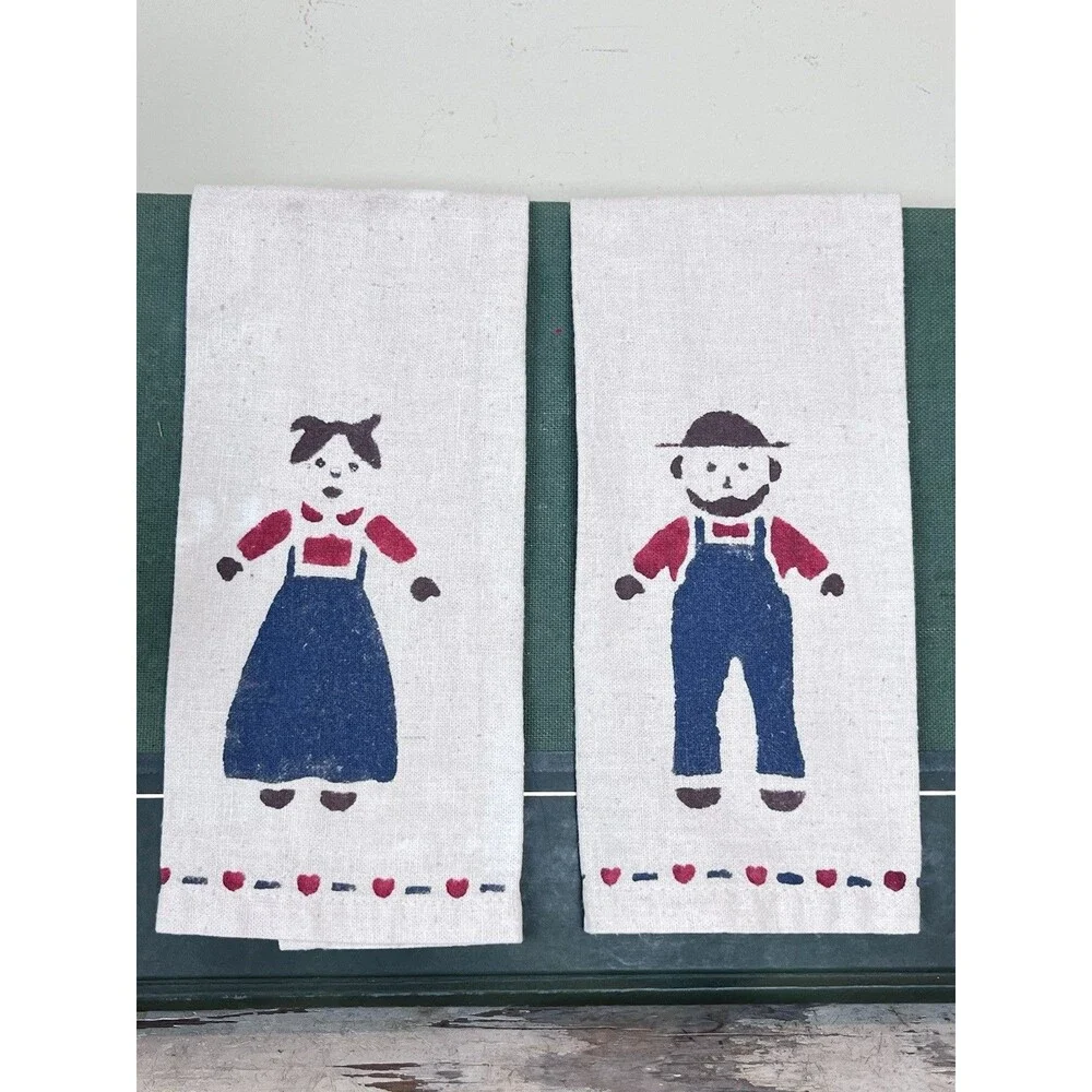 Vintage Farmhouse Hand Painted Amish Country Couple Hand Towels Cottage Charm